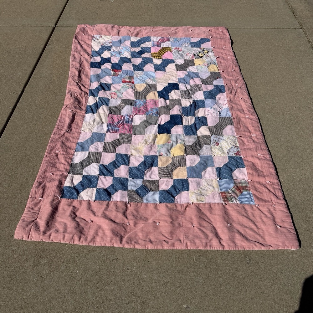 Vintage Scrappy Bow Tie Quilt 77"x49" Hand-Tied Patchwork Farmhouse Blanket